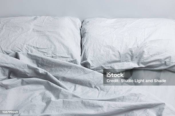 Gray Bed Linen Stock Photo - Download Image Now - Bed - Furniture, Pillow, Two Objects