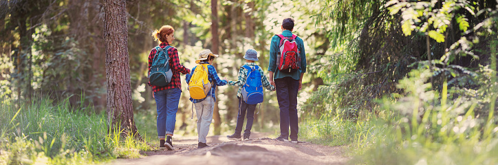 Mother and father with their sons hiking in natural park with backpacks. Concept of the vacation and tourism.