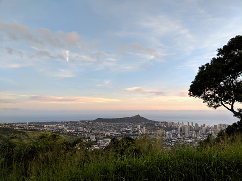 A breathtaking view of the Diamond Head crater and the city of Honolulu at dusk seen from a grassy point up on Tantalus Mountain. The crater and the city are illuminated by the warm and colorful light of the setting sun, creating a contrast with the darkening sky and the ocean. The grassy point offers a panoramic and elevated perspective, enhancing the beauty and the scale of the scene. This is an amazing image for sunset, cityscape, mountain or Hawaii themes.