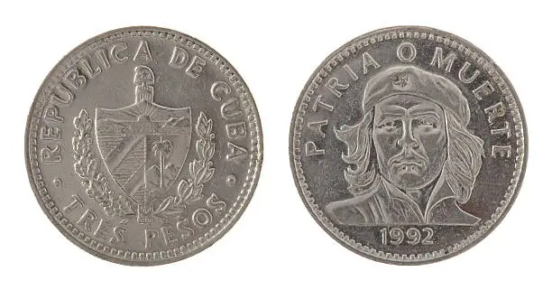 Cuban three pesos coin depicting Ernesto Che Guevara. Obverse and reverse isolated on white.
