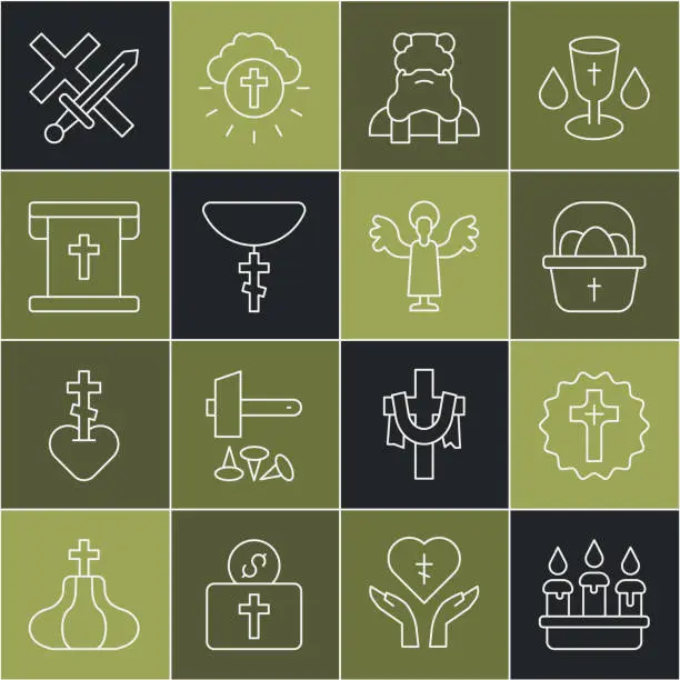 Vector illustration of Set line Burning candle in candlestick, Christian cross, Basket with easter eggs, Priest, on chain, Flag christian, Crusade and Angel icon. Vector