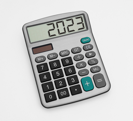 Red calculator isolated on white background with clipping path