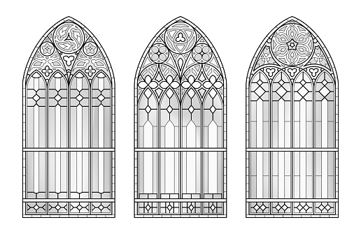 Glass church windows. Three Catholic black and white frames.