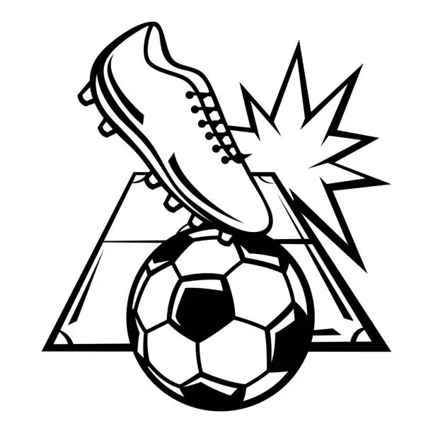 Vector illustration of Emblem with soccer symbols. Football club label. Sport illustration in cartoon style.