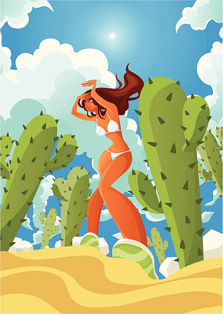 Beautiful young woman in the desert vector art illustration