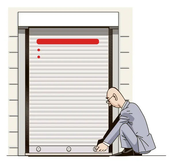 Vector illustration of Shopkeepers opening and closing the shutter of their shop