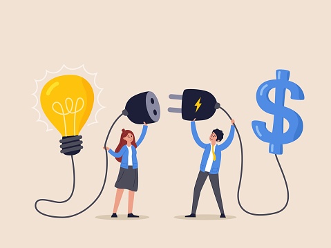 Financial support for startup concept. Venture capital or and entrepreneur company, make money idea or idea pitching for fund raising, businessman and woman connect lightbulb with money dollar sign