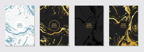 Vector illustration of Cover design set. Abstract backgrounds, marble grunge texture, crack. Geometric  embossed, golden pattern. Collection of vector vertical templates for modern creativity