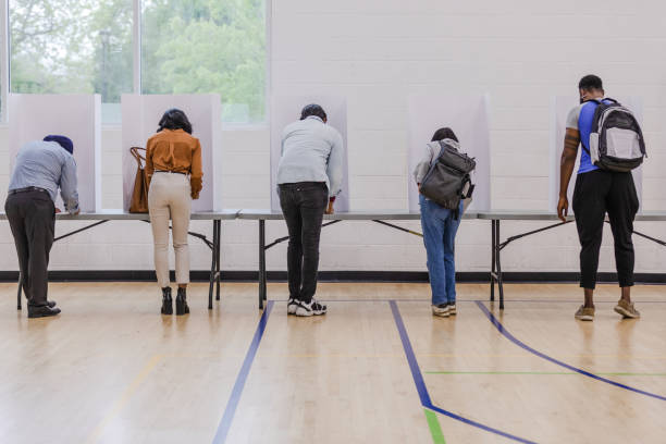Rear view of multiracial voters completing their ballots for the election The group of multiracial voters use privacy partitions to fill out their ballots in the presidential election event. early voting stock pictures, royalty-free photos & images