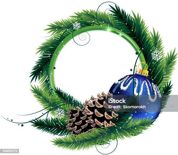 Vetores de Coroa De Natal Com Bauble E Pinheiros e mais imagens de Azul - Azul, Bola de Árvore de Natal, Branco