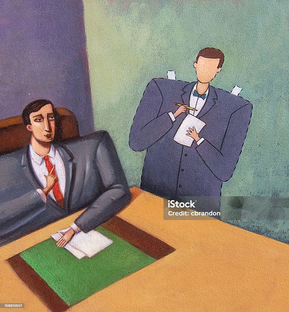 Instructions from the Boss This is an acrylic painting done by me (William Brandon) of a business big shot instructing his assistant on his daily duties. That feeling like you not even there, like you a nobody to them and they could and should be talking to a tape recorder. Bossy Stock Photo