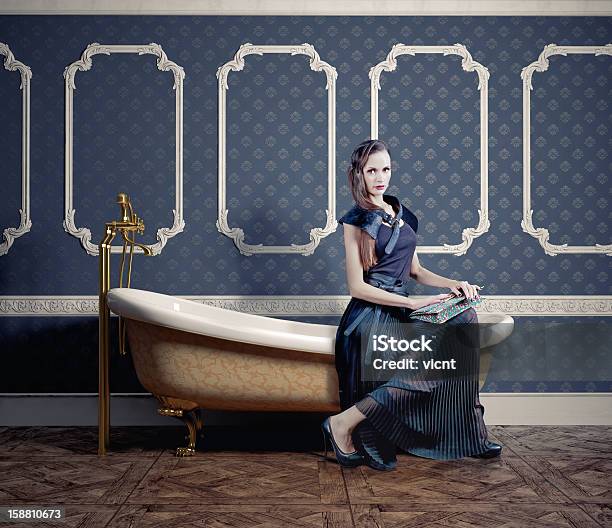 Woman On Bathtub Stock Photo - Download Image Now - Free Standing Bath, Wallpaper - Decor, Domestic Bathroom