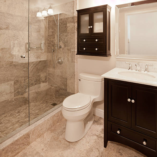 Interior photo of modern bathroom with walk in shower Modern bathroom trishz stock pictures, royalty-free photos & images