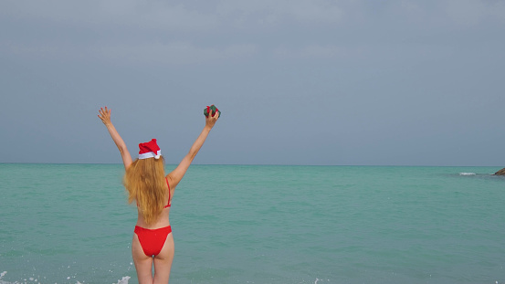 Woman from a back with a long hair, red bikini and in a Santa hat. Mediterranean sea on the background. Blue sky and waves.