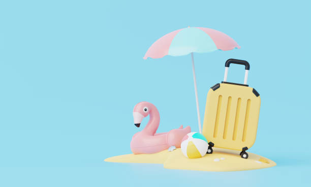 istock 3D render Summer vacation, beach and sea icon elements objects group, holidays background concept, Realistic Display for Product mock-up or Cosmetics with summer theme. minimal cute design. 1588157815