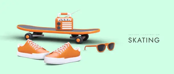 Vector illustration of Modern skating with music. Realistic skateboard, portable radio, sunglasses, sneakers