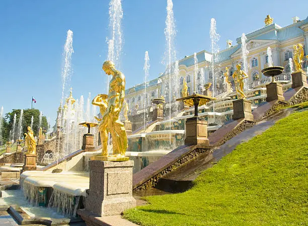 Peterhof, Russia, fountaine grand cascade and king's palace in surroundings of St. Petersburg.