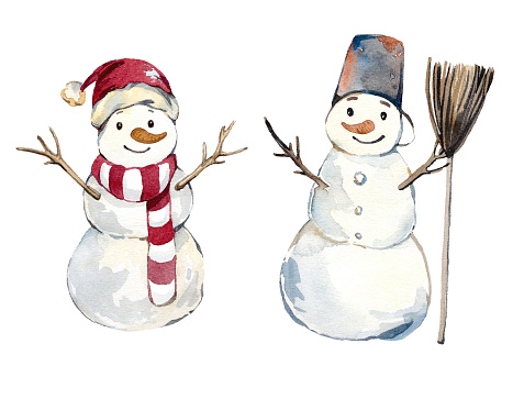 Set of watercolor illustrations of snowmen isolated on white background. New Year and Christmas illustration. Design element for postcards, textiles and design decoration.