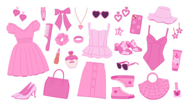 A collection of accessories and clothing in a trendy pink color scheme. Vector graphics. A collection of accessories and clothing in a trendy pink color scheme. Vector image. handbag stock illustrations