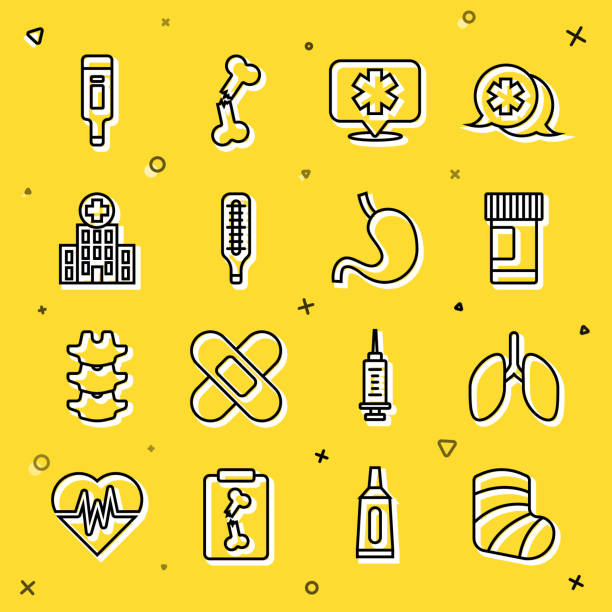 ilustraciones, imágenes clip art, dibujos animados e iconos de stock de línea de ajuste yeso, pulmones, botella de medicina y píldoras, símbolo médico de la emergencia, termómetro, edificio del hospital, icono digital y estómago humano. vector - healthcare and medicine the human body x ray image human bone