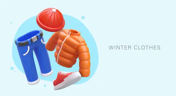 Vector illustration of Winter clothes. Realistic puffer jacket, sneakers, hat, jeans. Accessories for complete outfit