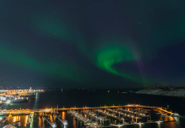 Northern Lights over the Bodo harbor at night, Norwey