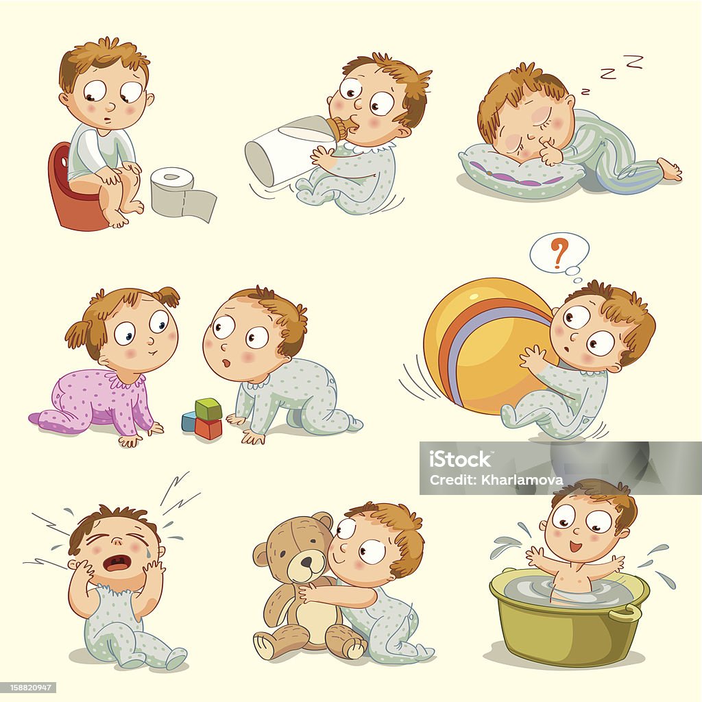 Eight pastel colored cartoon images of infant milestones A baby sitting on the pot, drinks milk from a bottle, sleeps on a pillow, little boy playing with a little girl, playing with a big ball, hugging a teddy bear, wash in a bath tub, vector illustration 12-17 Months stock vector
