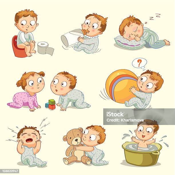 Eight Pastel Colored Cartoon Images Of Infant Milestones Stock Illustration - Download Image Now