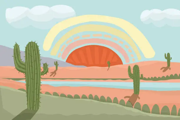 Vector illustration of Sunset in the desert far far away