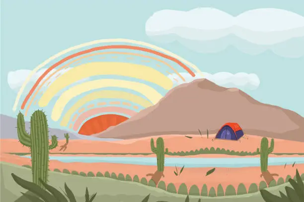 Vector illustration of Camping in desert far far away
