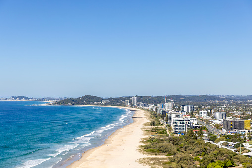 Aerial view of coastal town, Broadbeach Queensland, background with copy space, horizontal composition