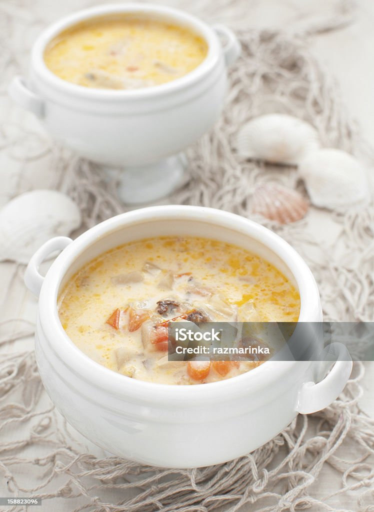 Fish and seafood chowder soup Fish and seafood chowder soup vertical Boiled Stock Photo