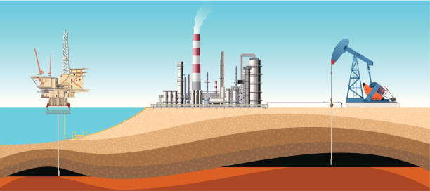 illustrazioni stock, clip art, cartoni animati e icone di tendenza di pompa jack, piattaforma di perforazione e di mossmorran - oil rig oil industry sea oil