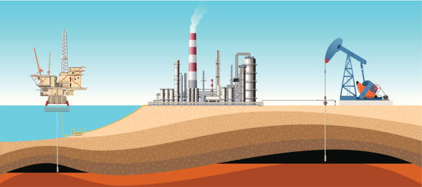 pompa jack, wieża wiertnicza i rafinerii - oil rig sea oil industry oil stock illustrations