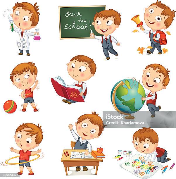 A Cartoon Kid Showcasing All His Activities At School Stock Illustration - Download Image Now