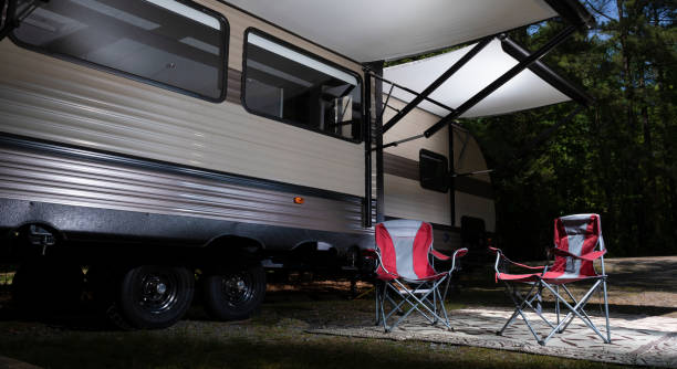 istock RV with awning open and chairs underneath 1588249608