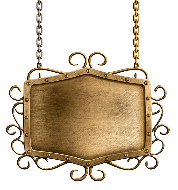istock bronze metal signboard hanging on chains isolated 158825161