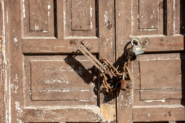 Close up old antique wooden door from Buddhist temple in Kathmandu, Nepal