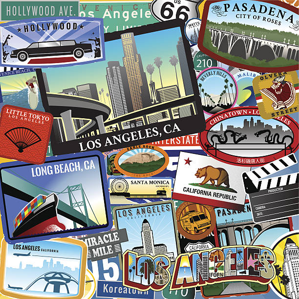 Series of Ultra Stylized Retro/Vintage Los Angeles Travel Style Stickers in a overlapping collage. Great for an old style look of Los Angeles.