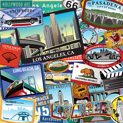 Series of Ultra Stylized Retro/Vintage Los Angeles Travel Style Stickers in a overlapping collage. Great for an old style look of Los Angeles.