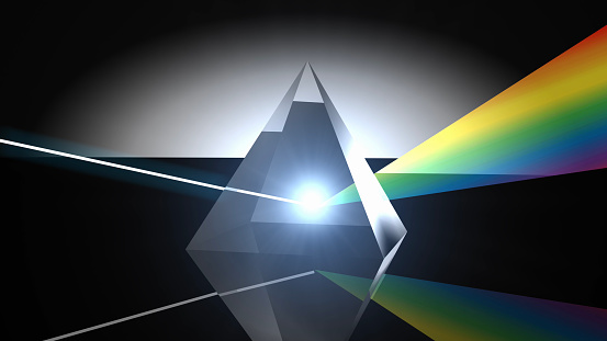 Upon passage through the prism, the white light is separated into its component colors - red, orange, yellow, green, blue and violet. The separation of visible light into its different colors is known as dispersion. / You can see the animation movie of this image from my iStock video portfolio. Video number: 1583590951