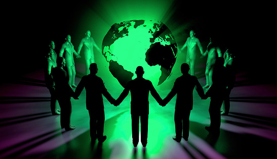 Holding hands around a revolving world, people intend together for the future. A symbolic green peace story. People connecting with rising social media. / You can see the animation movie of this image from my iStock video portfolio. Video number: 1582265410