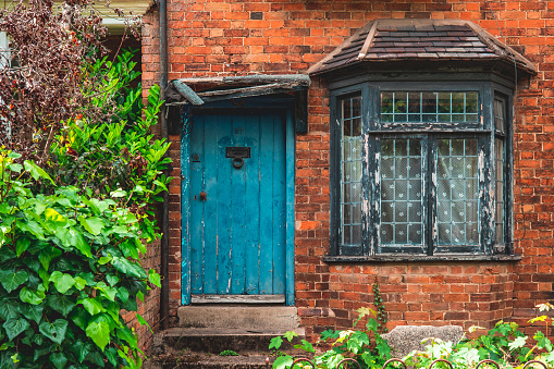 Facade of the old brick house overgrown with green ivy