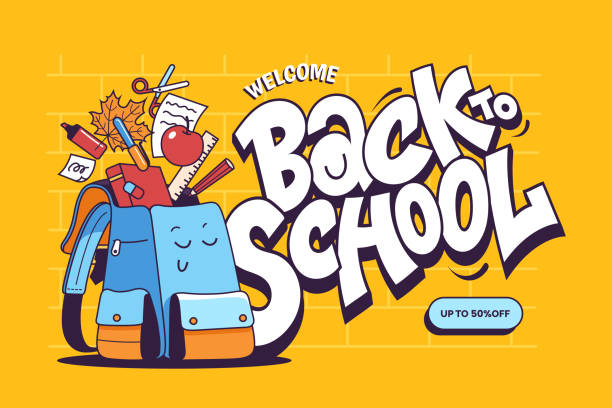 Welcome Back to School text in graffiti style. Funny blue backpack with school supplies falling into it. Cartoon style. Ideal for banner, poster, invitation, promotion, sale etc. Vector illustration. Welcome Back to School text in graffiti style. Funny blue backpack with school supplies falling into it. Cartoon style. Ideal for banner, poster, invitation, promotion, sale etc. Vector illustration. school supplies stock illustrations