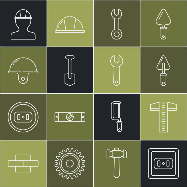 ilustrações de stock, clip art, desenhos animados e ícones de set line electrical outlet, t-square line, trowel, wrench spanner, shovel, worker safety helmet, and icon. vector - letter t