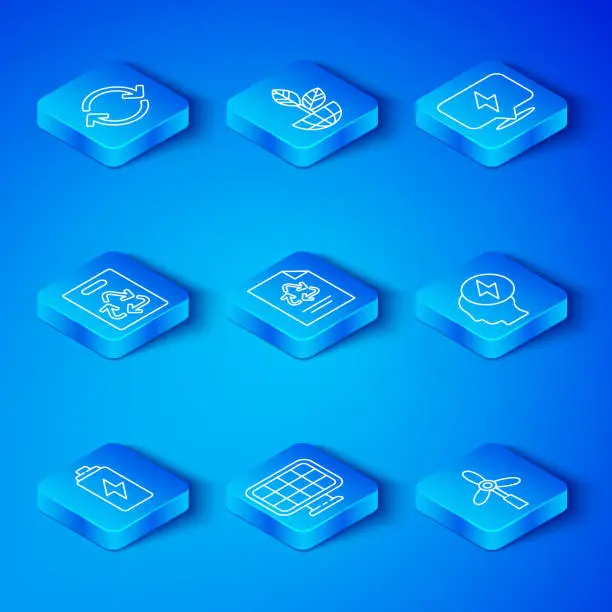 Vector illustration of Set line Battery, Paper with recycle, Solar energy panel, Head and electric symbol, Lightning bolt, bag, Refresh and Wind turbine icon. Vector