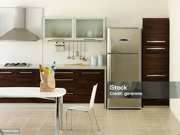 Shopping Bag In A Kitchen Stock Photo - Download Image Now - Refrigerator, Kitchen, No People