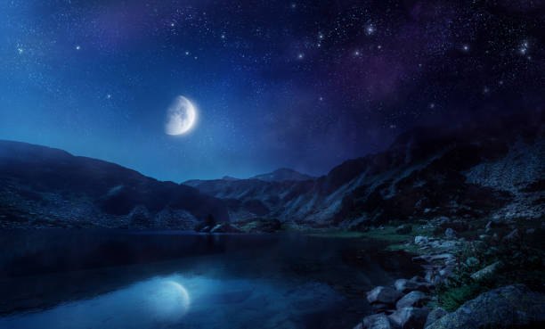 night shot of lake - moon forest bildbanksfoton och bilder