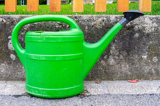 Green plastic can for watering the garden on the ground next to the wooden fence