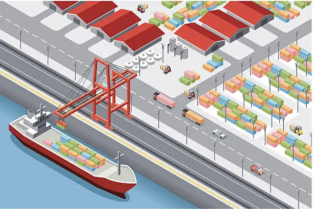 Vector illustration of A boat coming into harbor parallel to a road